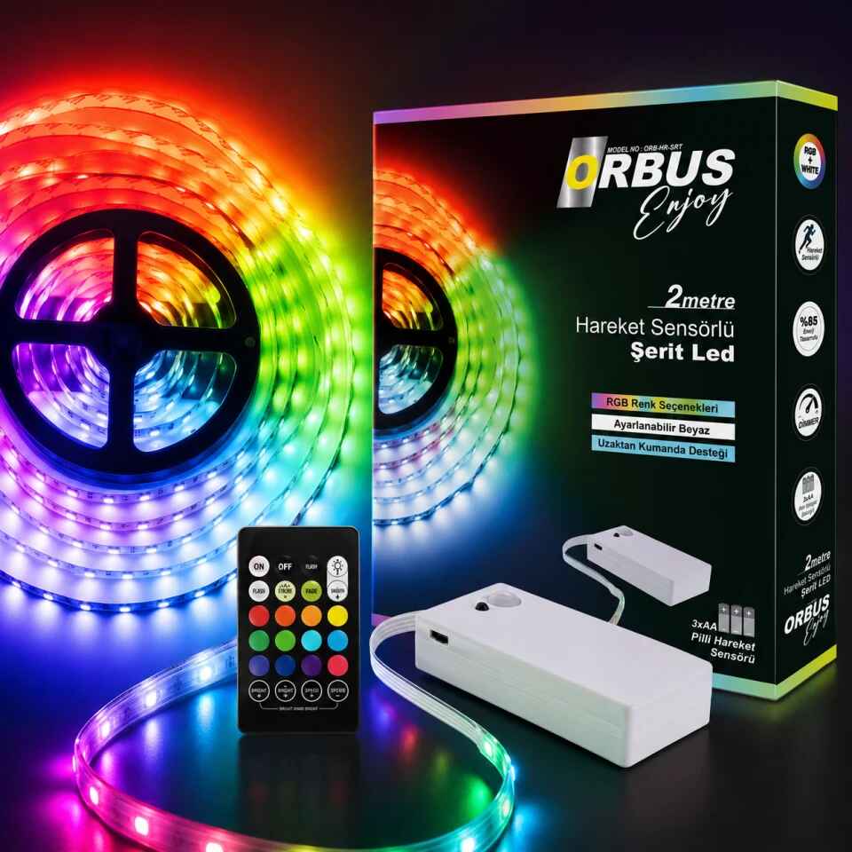 ORBUS Hareket Sensörlü RGB - Beyaz Şerit LED 2 Metre